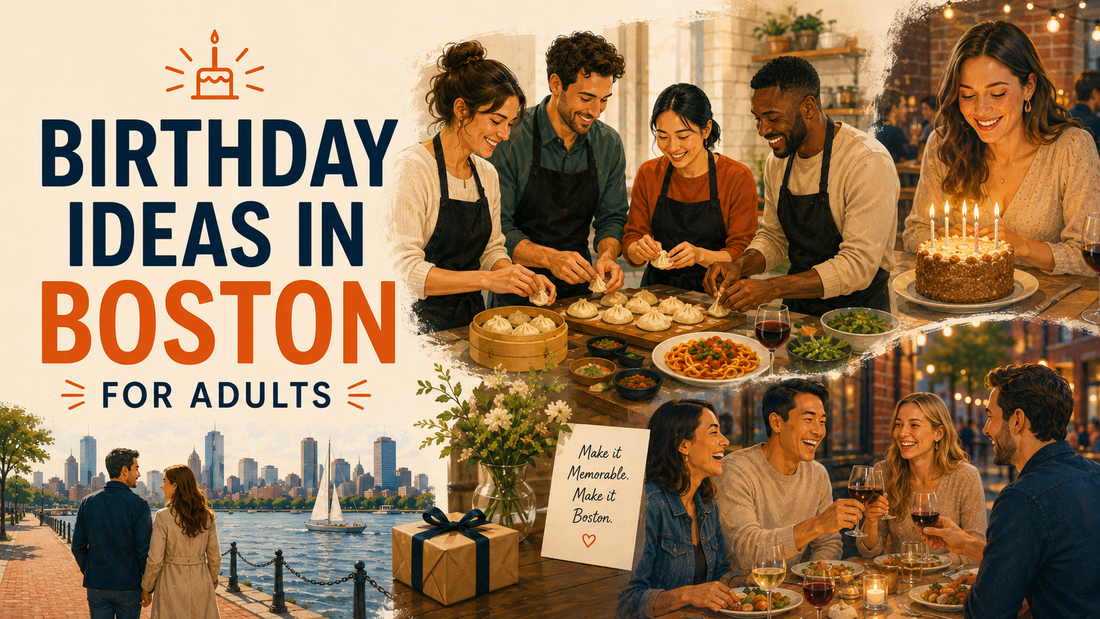 Adults celebrating a birthday in Boston with a hands-on cooking experience and dinner