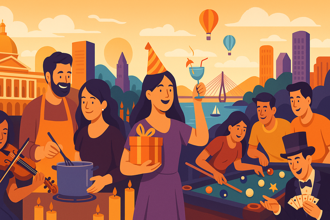 Colorful illustration of birthday celebrations in Bostonin Boston, featuring cooking, music, magic, arcade games, and cityscape with hot air balloons.