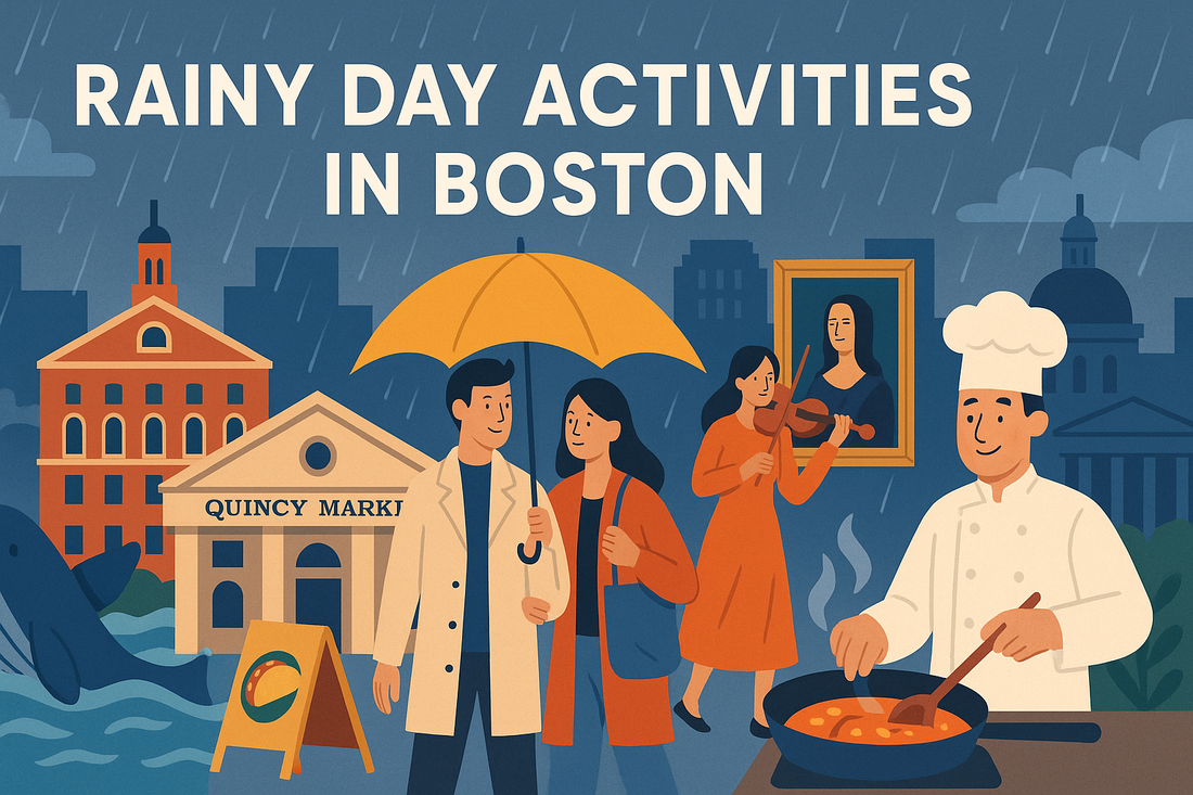 Illustration of rainy day in Boston with Quincy Market, a chef cooking, a couple under an umbrella, a violinist near a museum painting, and a whale in the harbor—symbolizing Boston’s top indoor attractions.