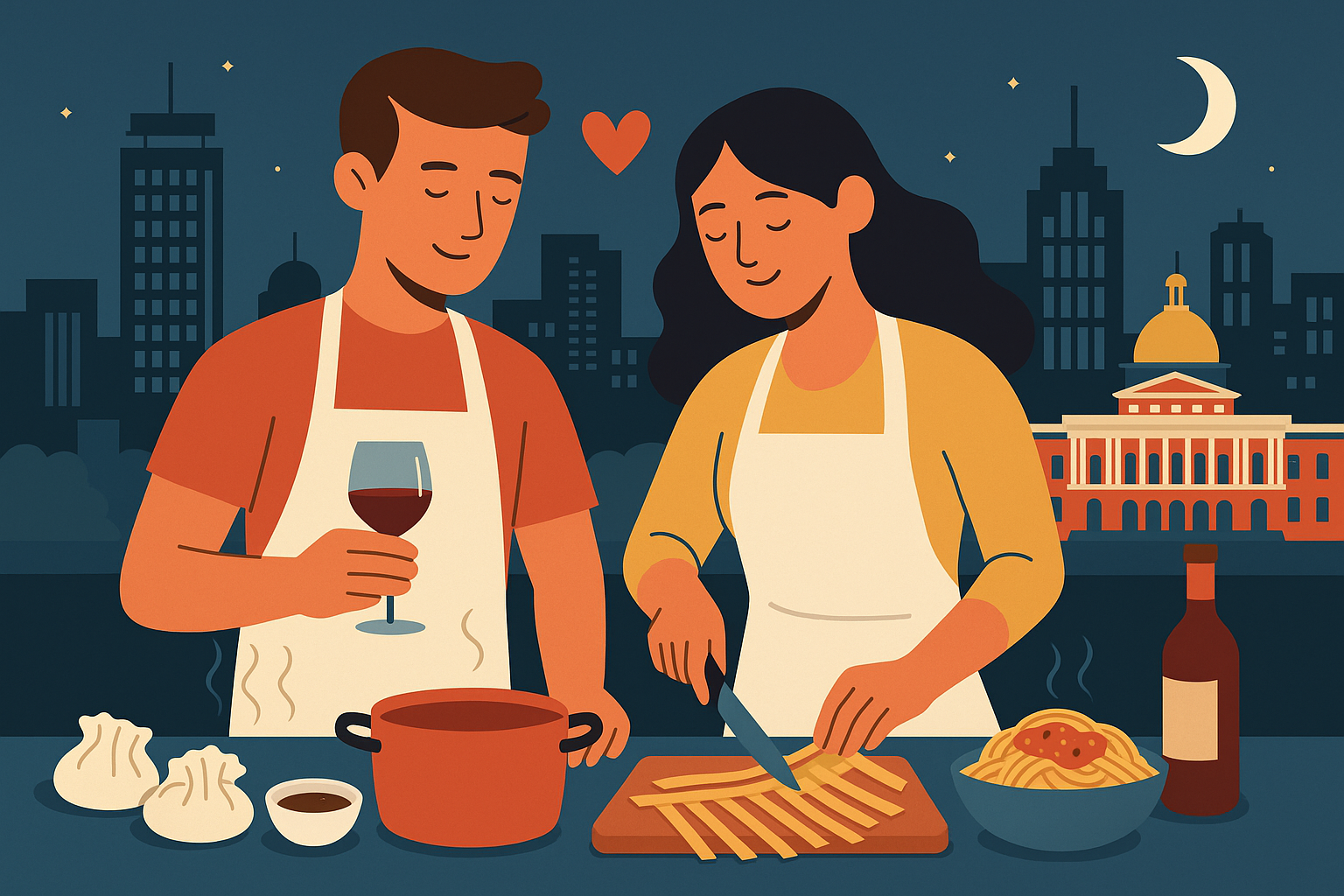 Couple cooking together for dining. Illustration.