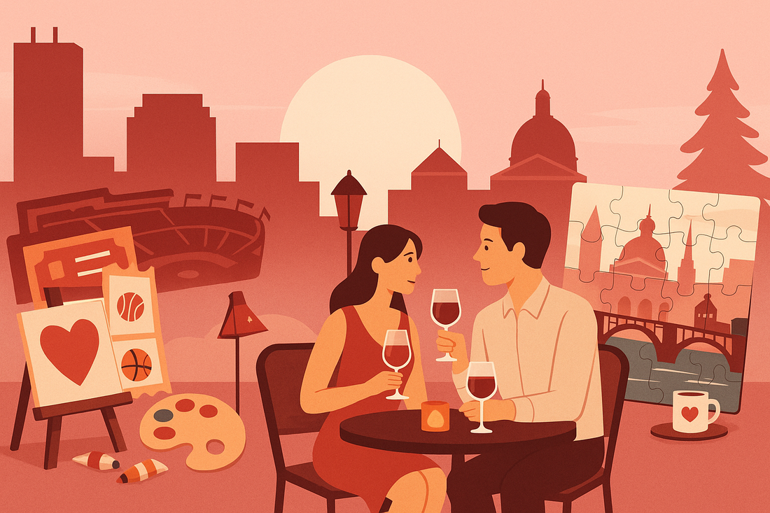 Romantic couple painting together on a Boston rooftop at sunset