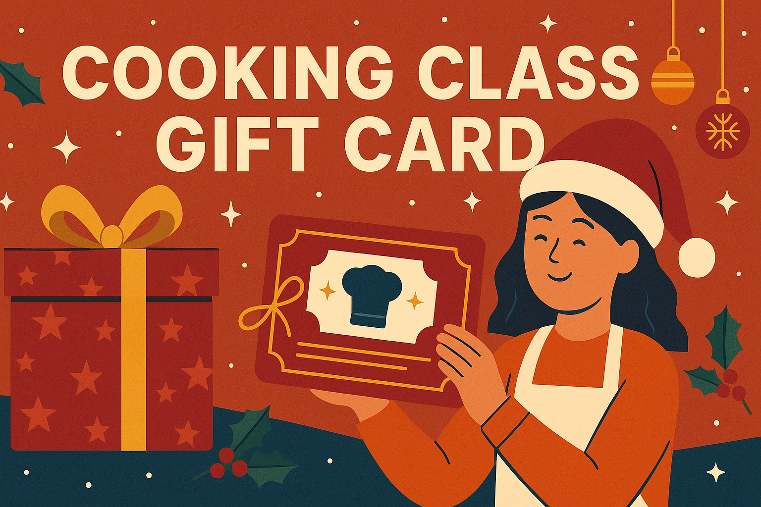 Festive digital illustration of a cooking class gift card in Boston with people cooking together in a cozy holiday kitchen.