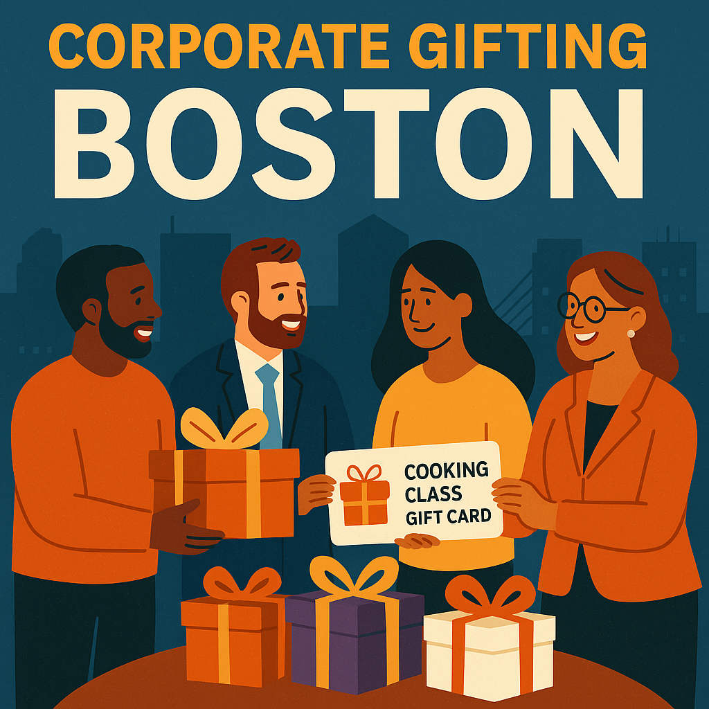 Office team in Boston exchanging cooking class gift cards during the holiday season — Corporate Gifting Boston blog illustration