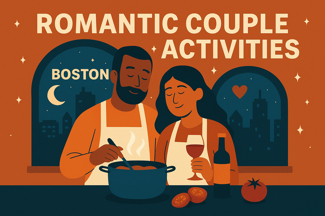 Romantic Boston couple cooking together in a cozy kitchen with city skyline view — illustration for Boston Date Night blog