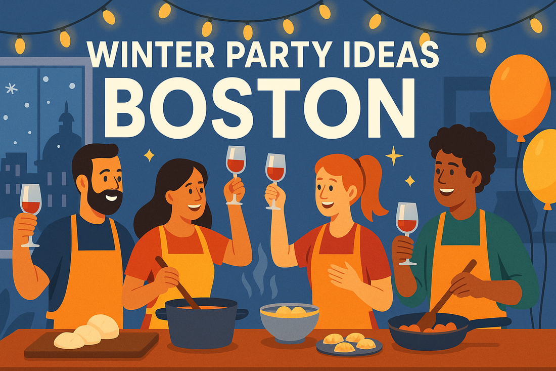 Illustrated blog banner showing a cozy winter cooking party in Boston. Diverse friends in aprons toast with wine glasses while cooking indoors, with snow outside, string lights, and festive décor. Title text reads Winter Party Ideas Boston