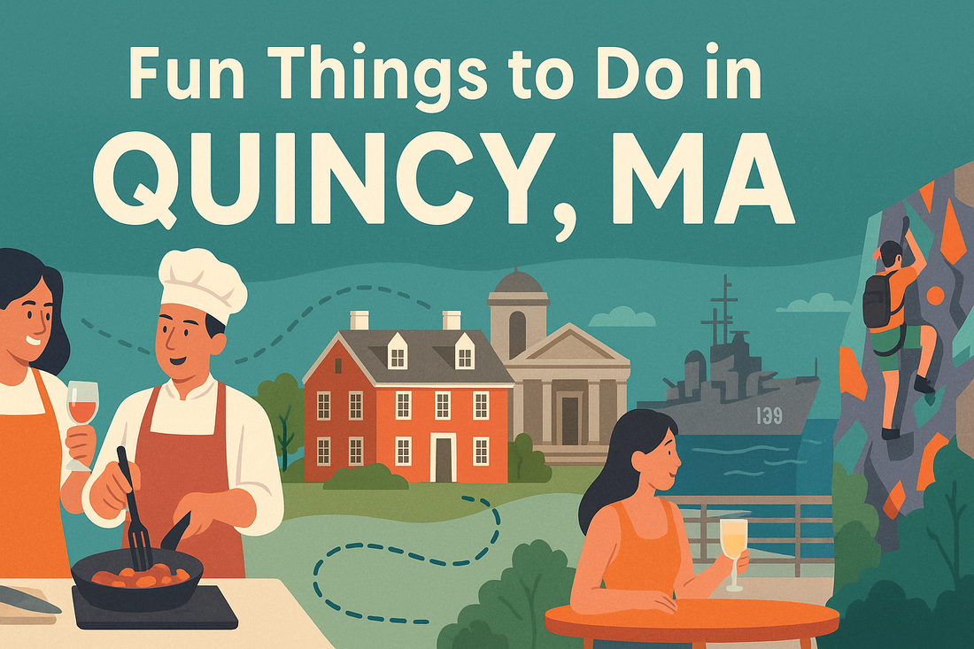 A horizontal banner illustration titled Fun Things to Do in Quincy, MA