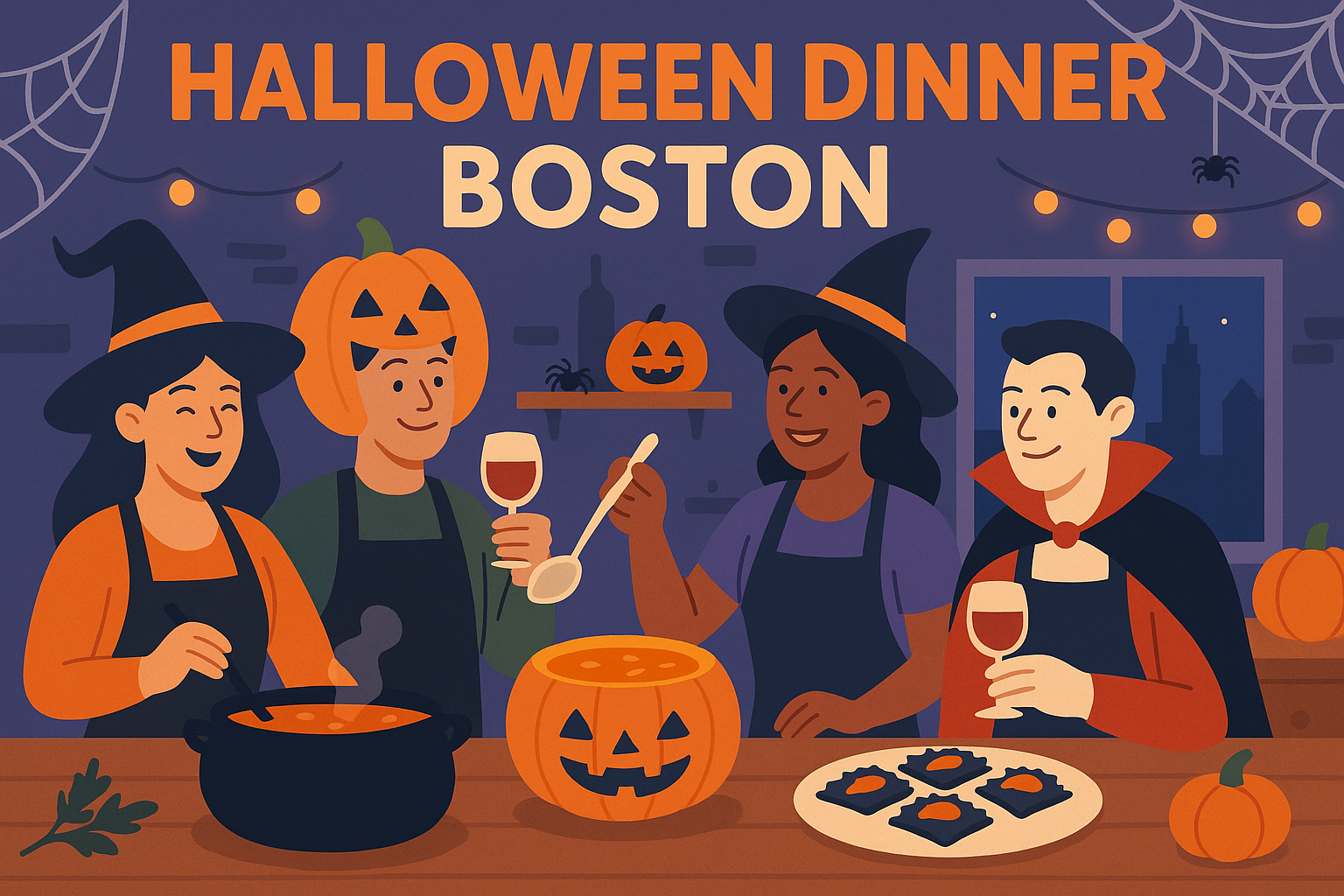 Illustrated blog banner for Selfup’s Halloween Dinner in Boston. Diverse friends in costumes — witch, pumpkin, and vampire — cook together in a festive kitchen with pumpkins, spider webs, black ravioli, and wine. Title text reads Halloween Dinner Boston.