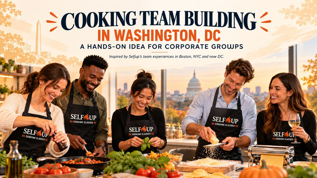 Corporate team cooking together during a hands-on team-building experience in Washington DC