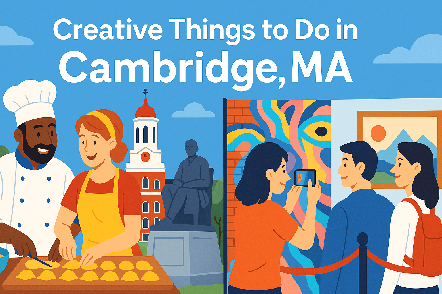 Colorful flat-style illustration showing top creative things to do in Cambridge MA, including cooking classes, Harvard, MIT dome, river kayaking, and public art
