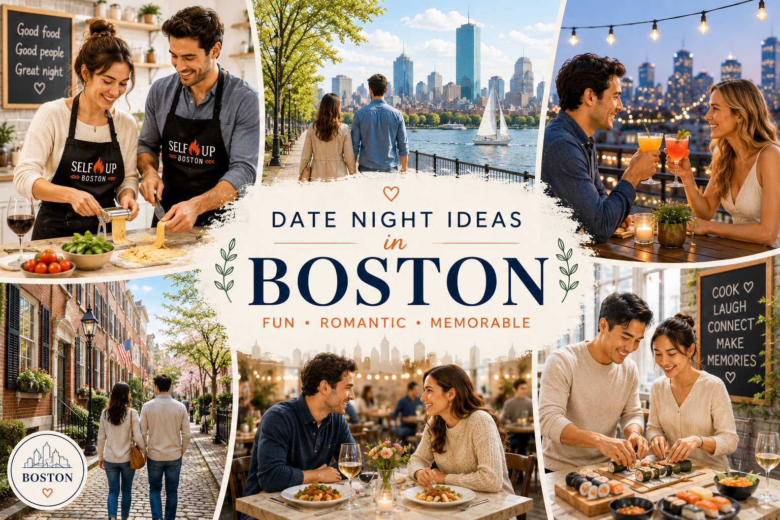 Romantic Boston date night collage featuring couples cooking pasta, enjoying rooftop cocktails, walking along the Charles River, exploring Beacon Hill, and sharing memorable experiences together.