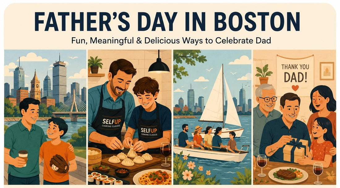 Father and son enjoying hands-on cooking activities during a Father’s Day celebration in Boston with local experiences and family moments.