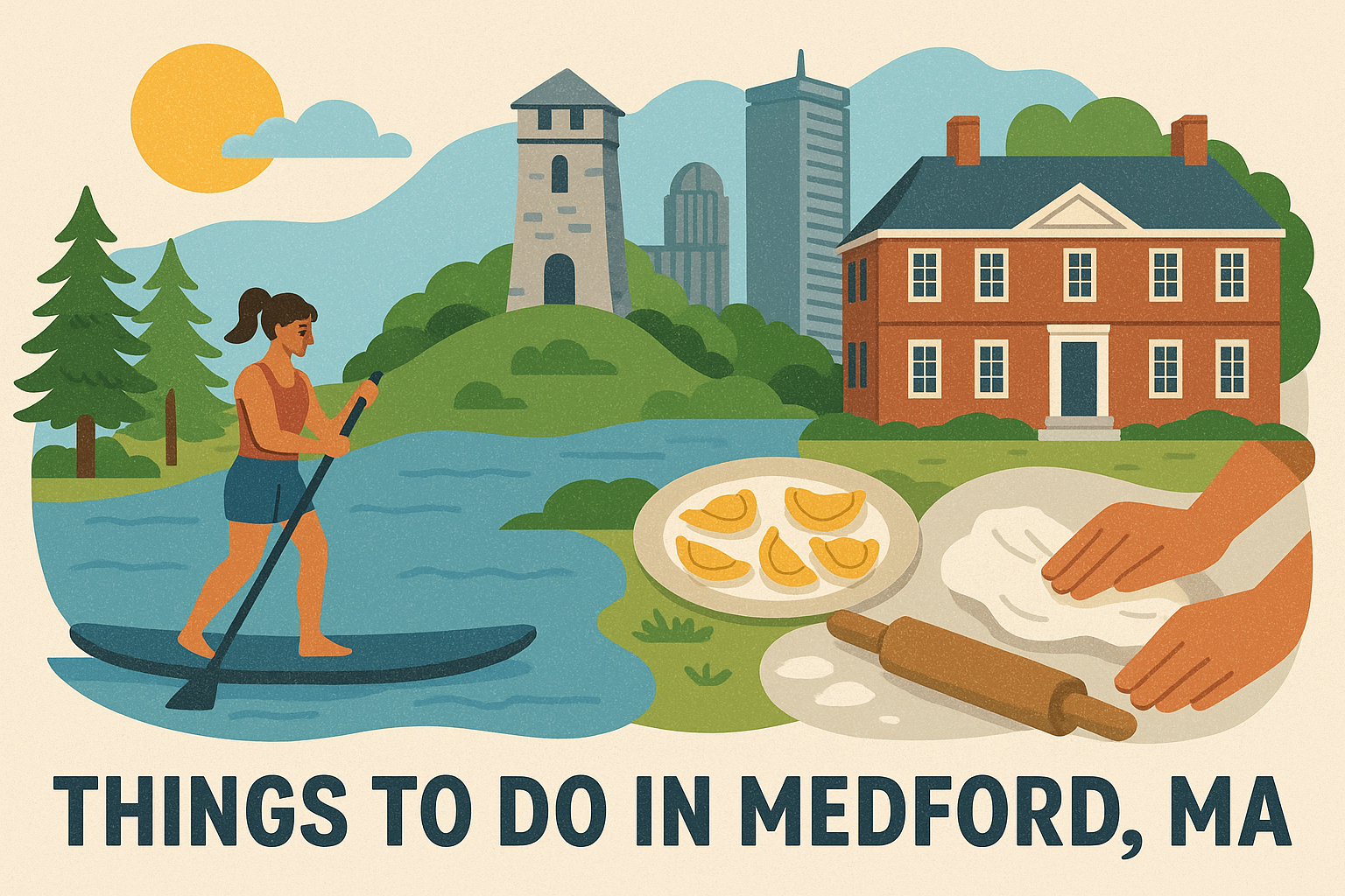 Illustration of fun things to do in Medford, MA, featuring a person paddleboarding on a river
