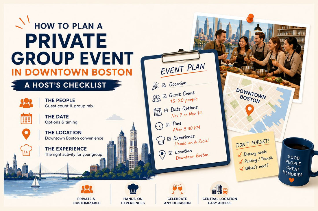Illustrated checklist for planning a private group event in Downtown Boston