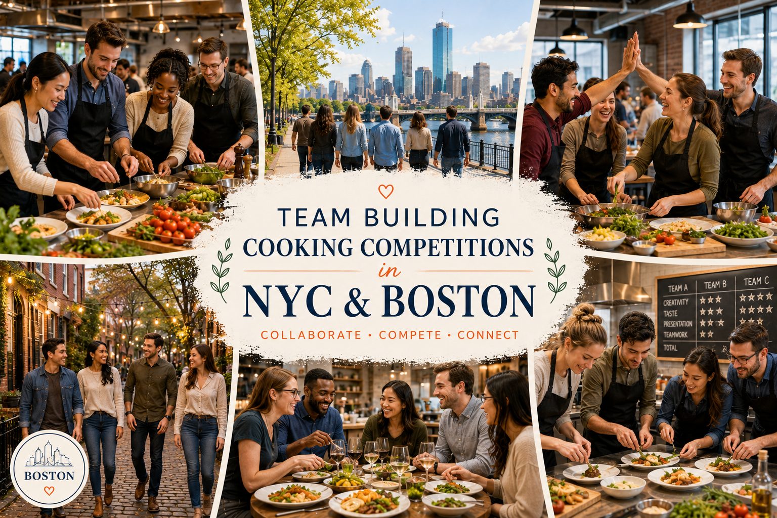 Corporate team building cooking competition with employees collaborating in a hands-on cooking challenge
