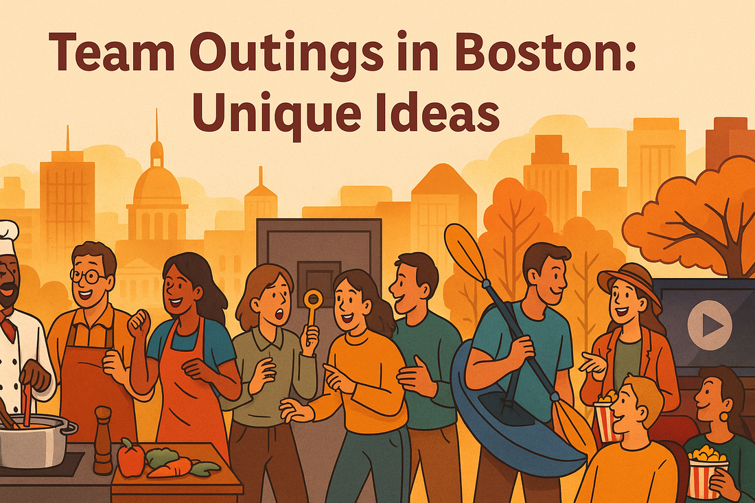 A colorful digital illustration of coworkers enjoying various team outing activities in Boston, including kayaking, museum tours, cooking classes, and rooftop gatherings, set against a vibrant cityscape.